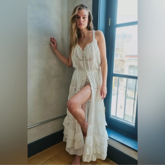 Free People Dolly Bodysuit Dress White Lace Maxi Ruffle Dress Boho Ethereal S - Picture 5 of 15